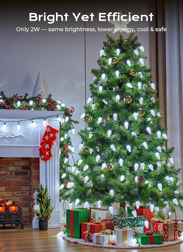 C9 LED Christmas Lights Outdoor, 33 FT 50 LED C9 String Lights, 8 Modes & Timer Connectable Waterproof for Christmas Tree Light Indoor Outdoor Roofline Patio Outside Garden Yard Xmas Decoration, White