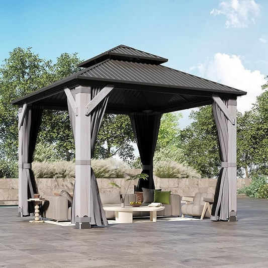 8.5'x8.5' Hardtop Wood Gazebo, Outdoor Double Roof Galvanized Steel Top Gazebo with Wooden Post, Curtains & Netting for Backyard, Patio, Deck (8.5x8.5 FT)