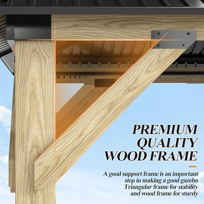 GARTOO 13’x15’ Outdoor Wooden Gazebo - Patio Galvanized Steel Wood Gazebo with Double Vented Roof, Heavy-Duty Gazebos for Garden, Lawn, Backyard Deck, Poolside