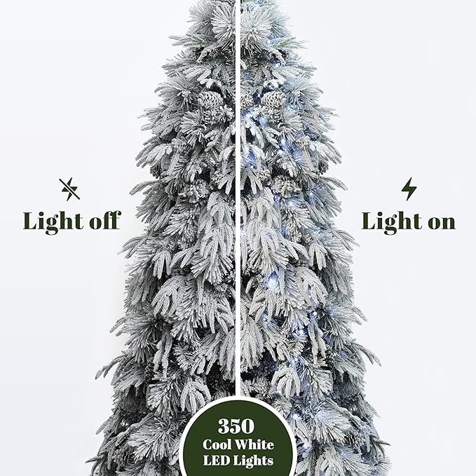 LuxenHome 7FT Flocked Artificial Christmas Tree, Downswept Branches Prelit Christmas Tree Flocked with Feather Accents, Pinecone and 350 LED Lights, 2516 PE+PVC Tips, Xmas Tree Holiday Decor