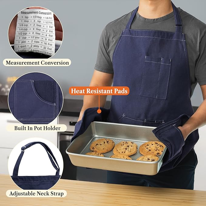 opux Chef Apron for Men, Kitchen Apron with Pockets for Women, Large Unisex Canvas Apron for Cooking Grilling BBQ Baking.