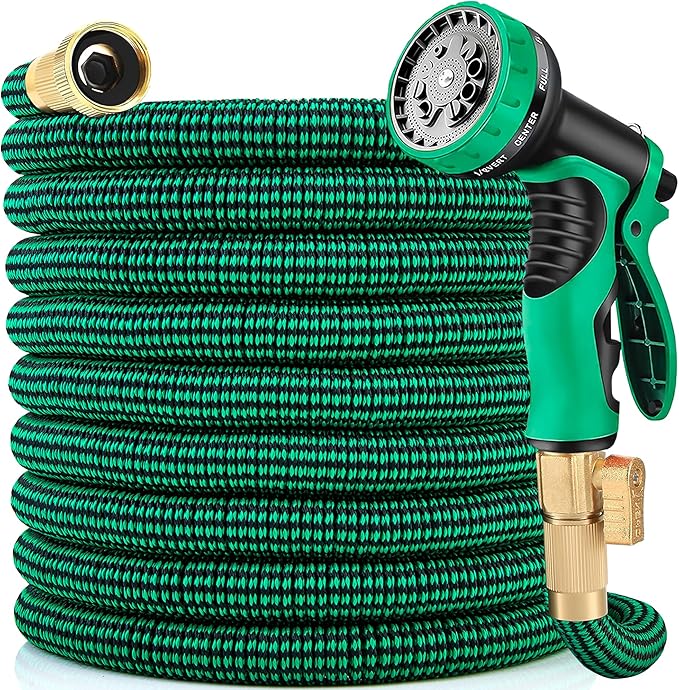 Expandable Garden Hose 100 ft Water Hose with 10 Function Spray Nozzle, Lightweight Flexible Hose with 3/4 Inch Solid Fittings and 3-Layer Latex Core, 100ft Retractable Stretch Hose, Green & Black