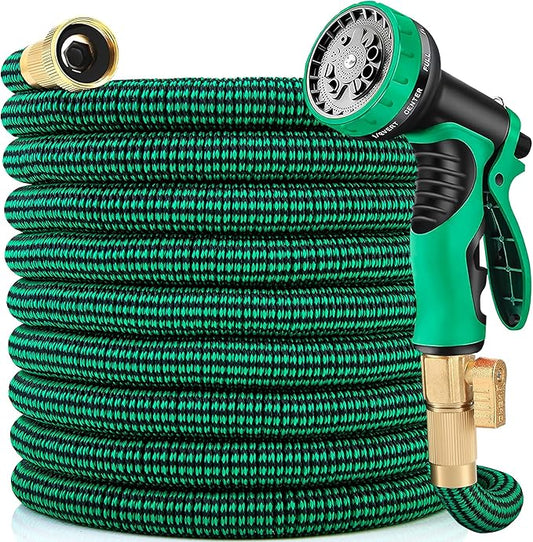 Expandable Garden Hose 100 ft Water Hose with 10 Function Spray Nozzle, Lightweight Flexible Hose with 3/4 Inch Solid Fittings and 3-Layer Latex Core, 100ft Retractable Stretch Hose, Green & Black