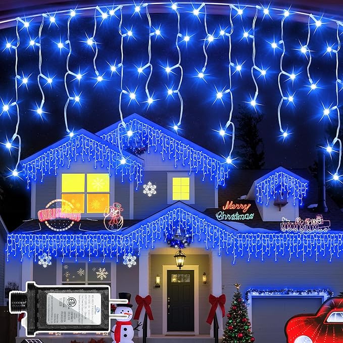 810 LED Christmas Lights Outdoor 82FT with 180 Drops, Christmas Decorations Hanging Lights 12 Modes, Dimmable Outsite Fairy String Lights for Wedding Party Holiday Winter Wonderland Decor Blue