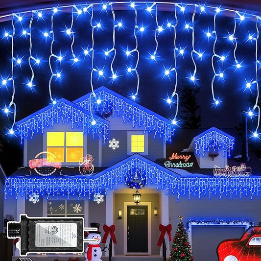 810 LED Christmas Lights Outdoor 82FT with 180 Drops, Christmas Decorations Hanging Lights 12 Modes, Dimmable Outsite Fairy String Lights for Wedding Party Holiday Winter Wonderland Decor Blue
