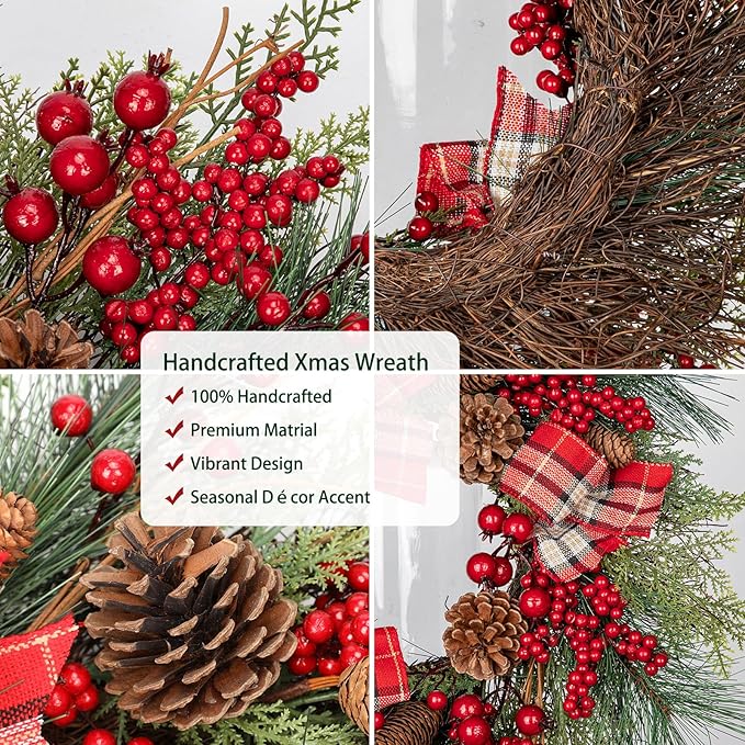20 Inch Artificial Christmas Wreath with Red Berries, Pine Cones, Cedar Pine Needles, Bow Ties - Indoor/Outdoor Decoration for Front Door