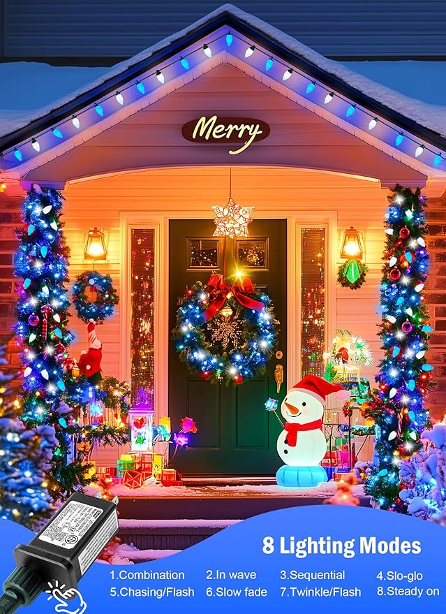 C9 Christmas Lights Outdoor Waterproof, 81 Feet 100 LED C9 String Lights with Timer & 8 Light Mode, Connectable Christmas Tree Lights for Indoor Outside Roofline Patio Decoration, Blue & Pure White
