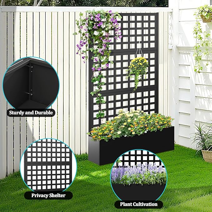 Metal Planter Box with Trellis, Planter Box with Privacy Screen, Privacy Trellis Outdoor for Climbing Plants with Drainage Holes, Raised Garden Bed for Vegetables