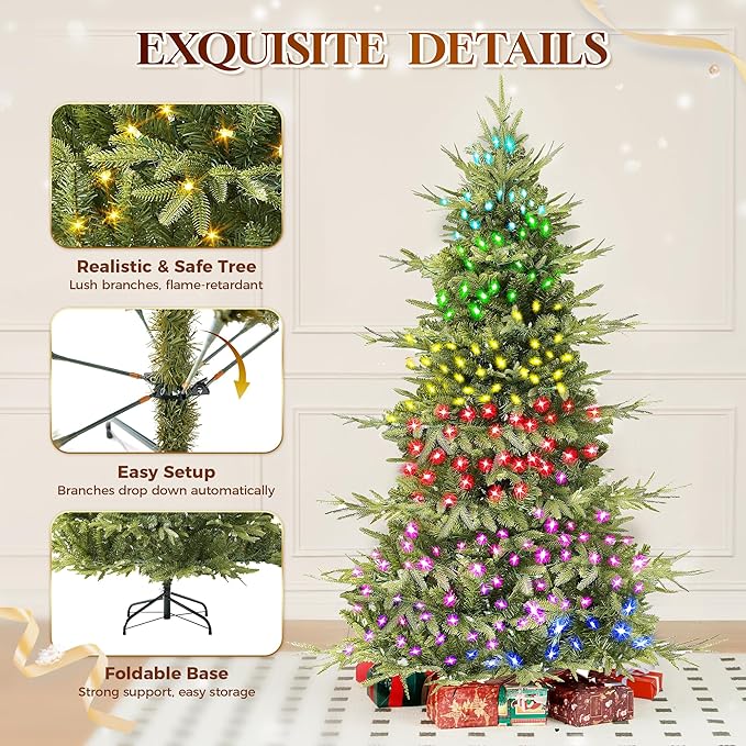 HOLLO STAR 6 ft Prelit Pencil Christmas Tree with 300 LED Lights, App Control, Aspen Artificial Christmas Tree, Multi-Color RGBW Lights, 969 PE & PVC Branch Tips, Skinny Xmas Tree, for Home, Party