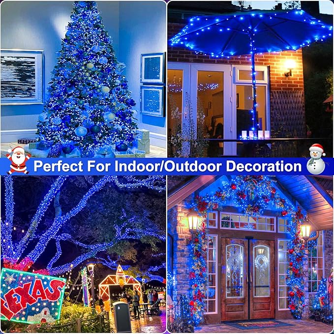 Christmas Lights Outdoor, 66FT 200 LED Christmas String Lights with 8 Modes Waterproof, Connectable Green Wire Twinkle Light for Tree Patio Garden Party Holiday Decorations, Blue