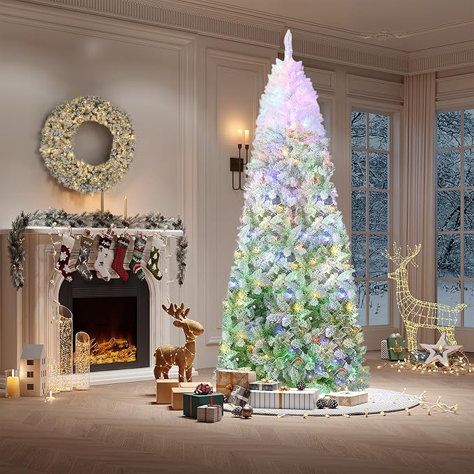 GarveeHome 6ft Prelit Artificial Christmas Tree with RGB & Warm White Lights, Pre-Lit Snow Flocked Pencil Christmas Tree, Foldable Base,Holiday Decoration for Home, Office, Party,Green Gradient