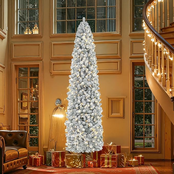 HOLLO STAR 9 ft Flocked Prelit Christmas Tree with 546 LED Lights, App Control, Skinny Artificial Pencil Christmas Tree, Multi-Color RGBW Lights, 1294 Branch Tips, for Small Space, Home, Party