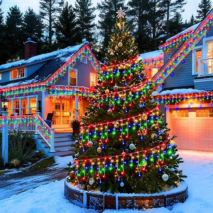 KNONEW 99ft 1216 LED Christmas Lights Outdoor 8 Modes Curtain Fairy String Light with 228 Drops, Clear Wire LED String Light Decor for Wedding Party Christmas Decorations(Multicolor)