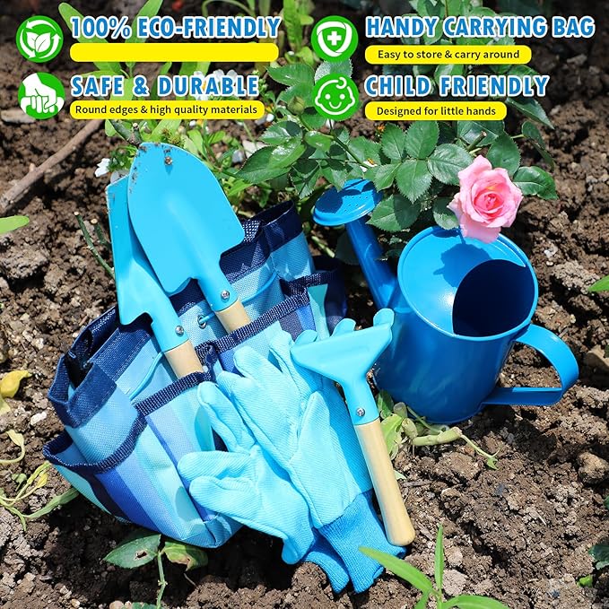 Kids Gardening Tools Set, Toddler Play Kit Child Outdoor Toy with Gloves, Watering Can, Metal Shovel, Rake, Spade & Storage Bag, Backyard Sand Digging Birthday for Boys Girls 3-5 (Blue)