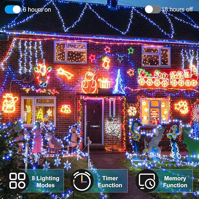 1500 LED Christmas Lights Outdoor Use, 492ft 8 Lighting Modes Fairy Lights for Outside, Christmas Tree Lights Outdoor IP44 Waterproof for Xmas Patio Fence Deck Balcony Garden Decor Blue & Cool White