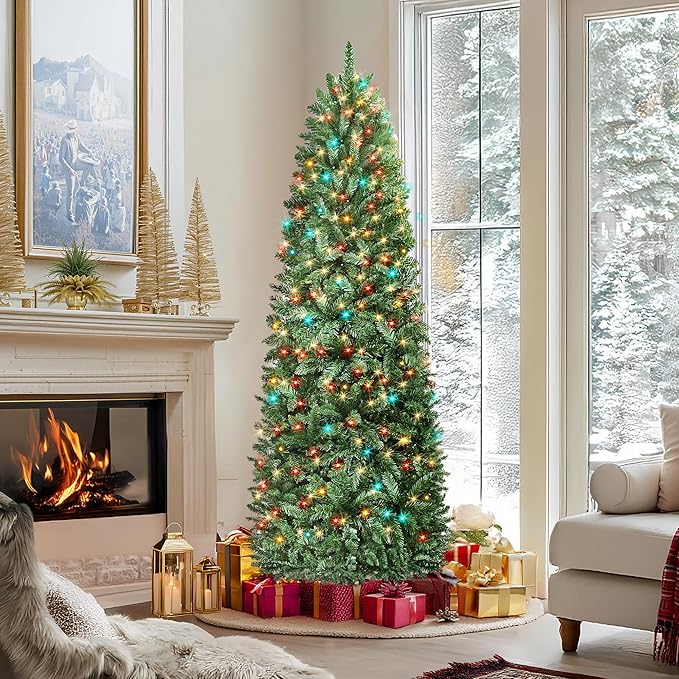 HOLLO STAR 7.5 ft Prelit Christmas Tree with 351 LED Lights, App Control, Artificial Pencil Christmas Tree with Multi-Color RGBW Lights, 1053 Branch Tips, Skinny, Metal Base, for Home, Party
