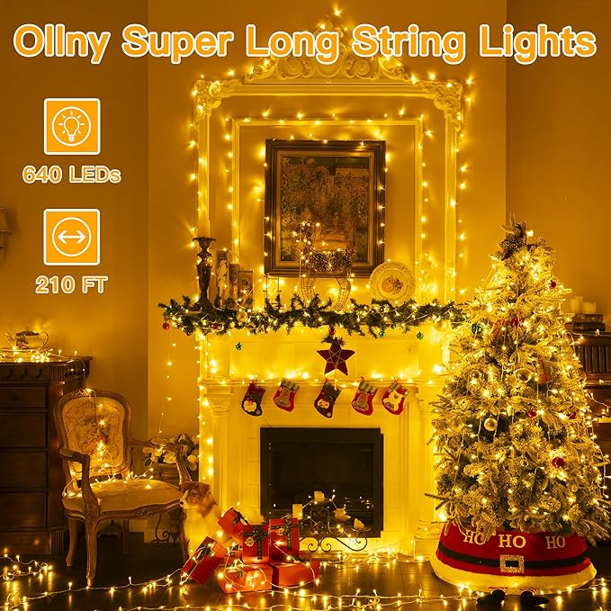 Ollny Christmas Lights, 210FT 640LED Christmas Tree Lights with 11 Modes Remote Control IP44 Waterproof Warm White to Multicolored Outdoor Christmas Lights for Outside Indoor Patio Xmas Decorations