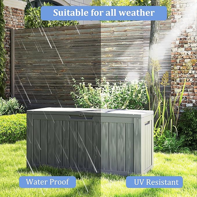 80 Gallon Coffee Resin Deck Box - Rustic Outdoor Storage for Garden Tools, Patio Essentials & Package Delivery - Weatherproof, Lockable for Farmhouse Decks