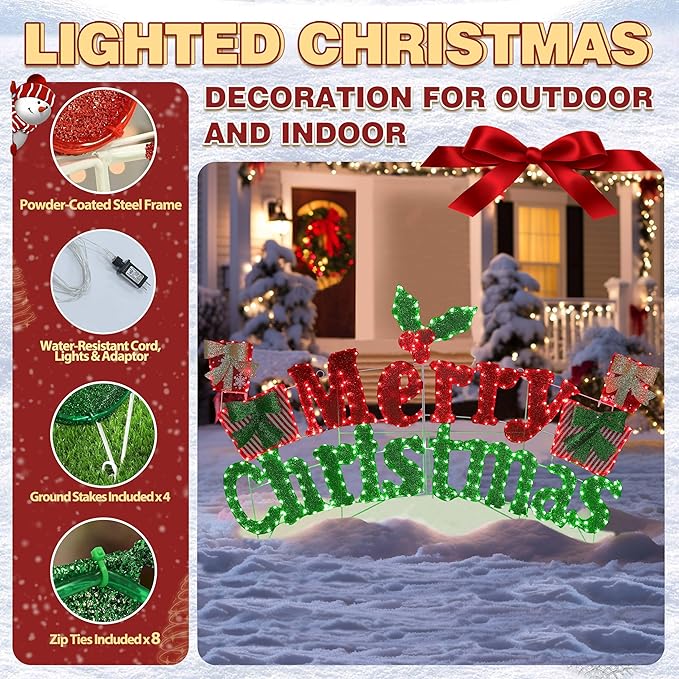 BlueWish 6FT Merry Christmas Sign, Pre-Lit Christmas Sign with 456 LED Lights, 2-in-1 Hanging or Freestanding Holiday Greeting Light for Indoor and Outdoor