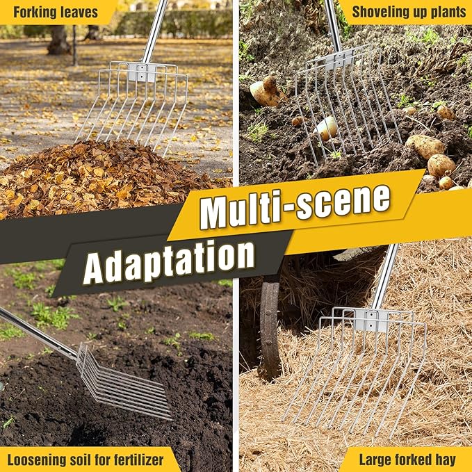 Pitchfork for Gardening, 50" Multifunctional Stainless Steel Garden Pitchfork with Handle, Suitable for Shoveling, Fertilizing, Transplanting, Mulching Garden Fork - 10 Tines