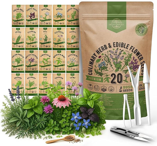 20 Culinary Herbs & Edible Flower Seed Variety Pack for Planting Indoor & Outdoors. 9500+ Non-GMO Heirloom Flower Seeds: Basil, Borage, Echinacea, Lavender, Oregano, Rosemary Seeds & More