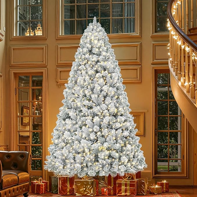 HOLLO STAR 9 ft Flocked Prelit Christmas Tree with 753 LED Lights, App Control, Artificial Christmas Tree, Multi-Color RGBW Lights, 2100 Branch Tips, Snow Xmas Tree, for Home, Party