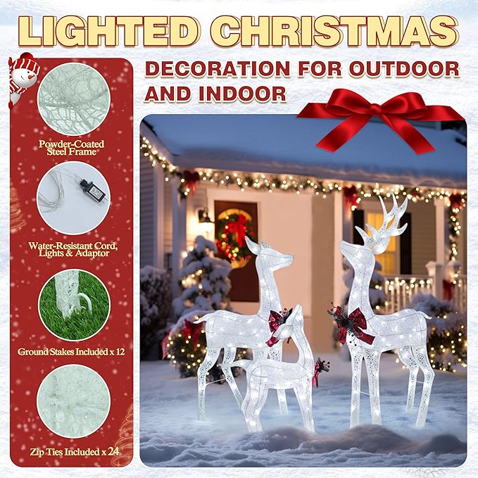 MUPATER Outdoor Christmas Decoration Lighted Deer Family Set Indoor, Christmas Holiday Yard Decor 3-Piece Set for Lawn and Home Party with Lights, Ground Stakes and Zip Ties, White