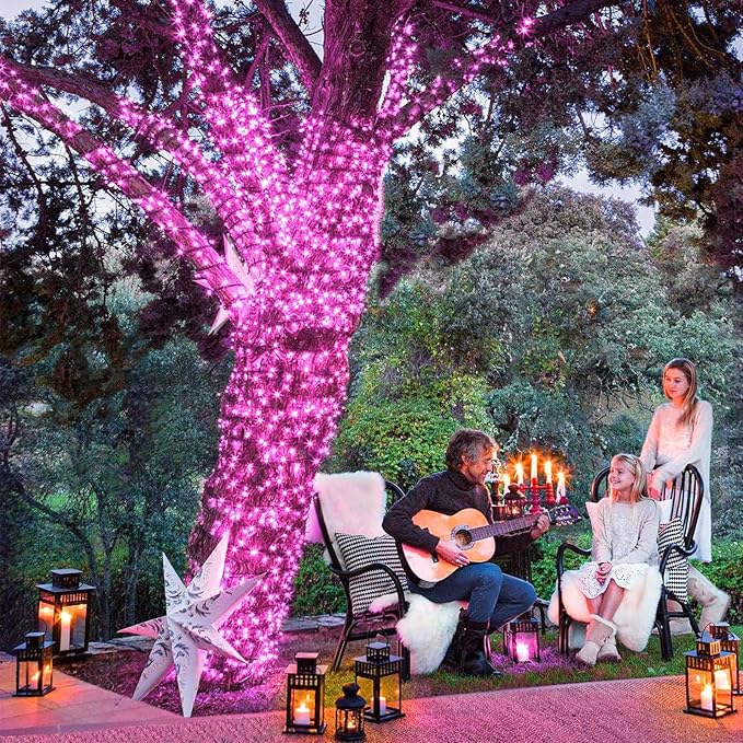 Christmas Lights Outdoor, 66FT 200 LED Christmas Tree Lights with 8 Modes Waterproof, Plug in Green Wire Connectable Twinkle String Light for Indoor Bedroom Patio Wedding Holiday Decor, Pink