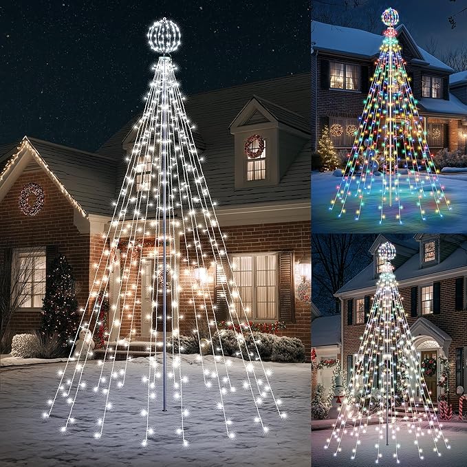 Lomotech Color Changing Christmas Tree Lights - 10Ft 444 LED with 7.8" Ball, Remote Controll Waterproof Iron Pole Waterfall Lights for Outdoor Christmas Decorations (White to Multicolor)