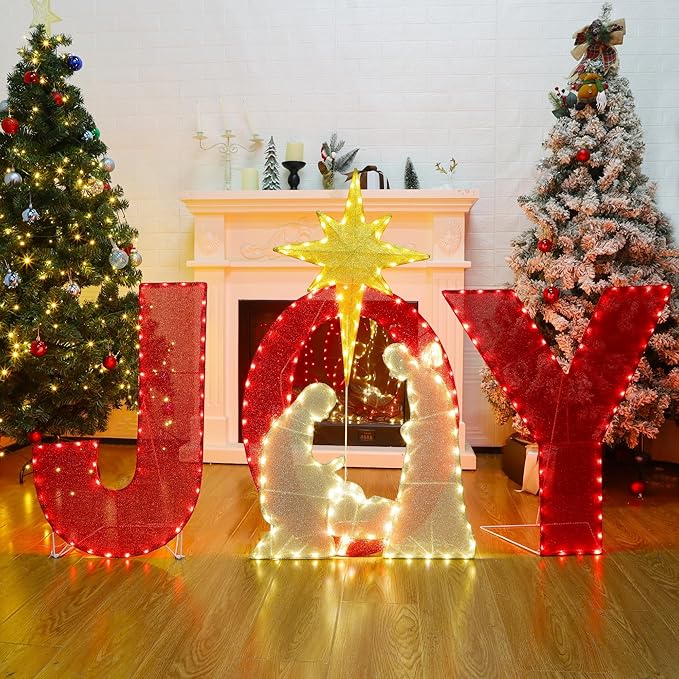 Prsildan 3.3FT x 2FT Christmas Decorations Outdoor- Lighted Joy Yard Sign, Outdoor Nativity Scene Set with 250 LEDs, Outside Christmas Decor for Porch, Lawn
