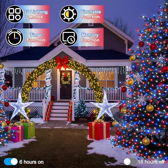 340 LED 90FT Christmas String Lights Outdoor, 12 Pro Modes and Timer Memory & Brightness, Plug in Outdoor Waterproof Clear Wire Twinkle Light for for Xmas Yard Tree Wedding Party Decor Red White Blue