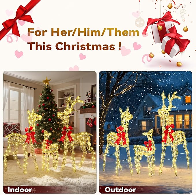 3-Piece Large Christmas Deer Outdoor Decorations, 4.5ft Lighted Reindeer Family Set Christmas Yard Decor, Light Up Reindeer Christmas Decor with 350 LEDs, Stakes, Zip Ties, Unique Gold Rattan