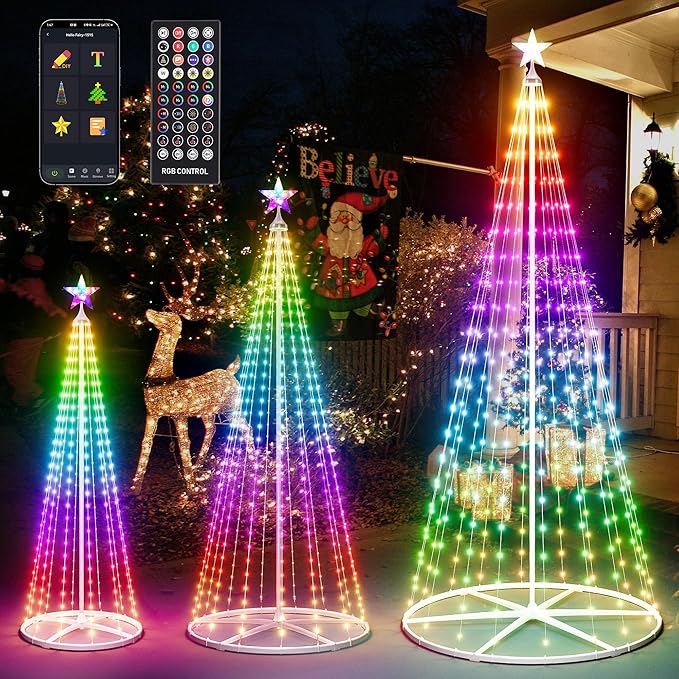 3-Pack Smart Outdoor Lighted Christmas Trees, LED Christmas Tree for Indoor Outdoor, Smart Christmas Cone Tree with Star Topper, Music Sync, DIY Color Changing, Remote & APP Control