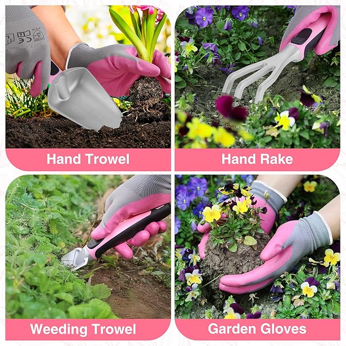 WORKPRO 5PCS Garden Tool Set, Powder Coating Compact Aluminum Gardening Tool Set with Repotting Mat, Outdoor Garden Hand Tools, Ideal Gardening Gift, Pink