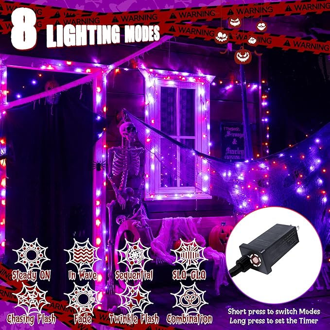 Ollny Halloween Lights Outdoor, 300 LED 100FT Orange and Purple Halloween Decorations with 8 Modes Timer, Plug in String Lights for Indoor Outside House Yard Party