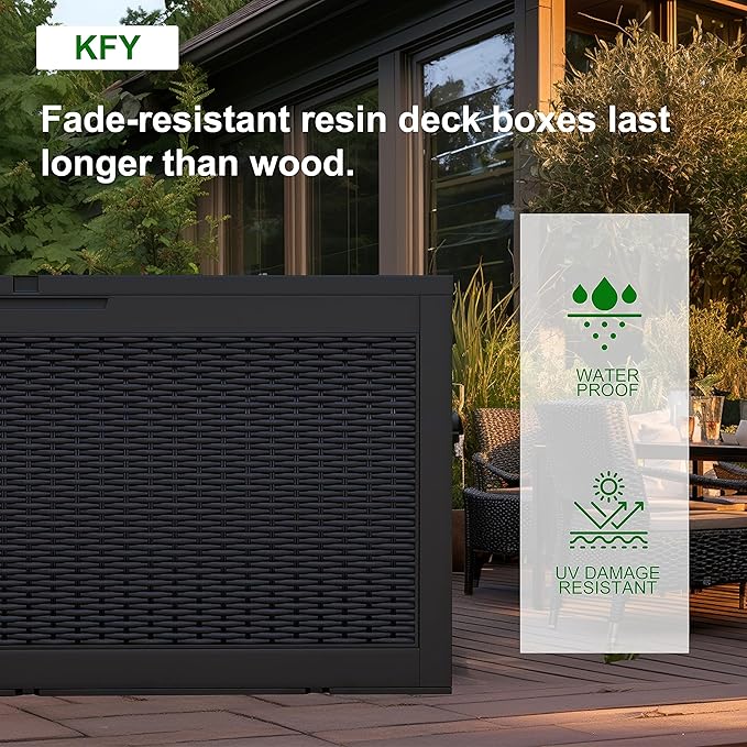 DRATO 260 Gallon Deck Box, Outdoor Large Waterproof Resin Storage Box with Lockable Lid for Patio Cushions, Gardening Tools, Black