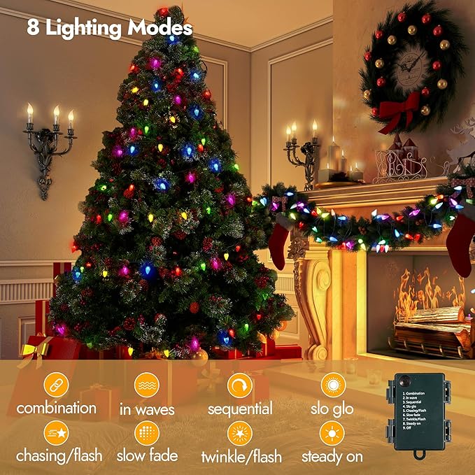 WBao C6 Battery Operated Christmas Lights, 60 LED 20ft String Lights with 8 Modes, Auto Timer, Waterproof for Indoor Outdoor Christmas Trees, Fence, Garlands, Stairs Xmas Decorations, Multicolor