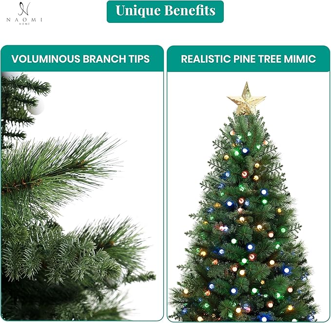 Evangeline 9ft Prelit Artificial Christmas Tree with 2514 Branch Tips, 850 Warm Lights and Metal Stand, 62" Wide Realistic Traditional Christmas Tree with Lights by Naomi Home