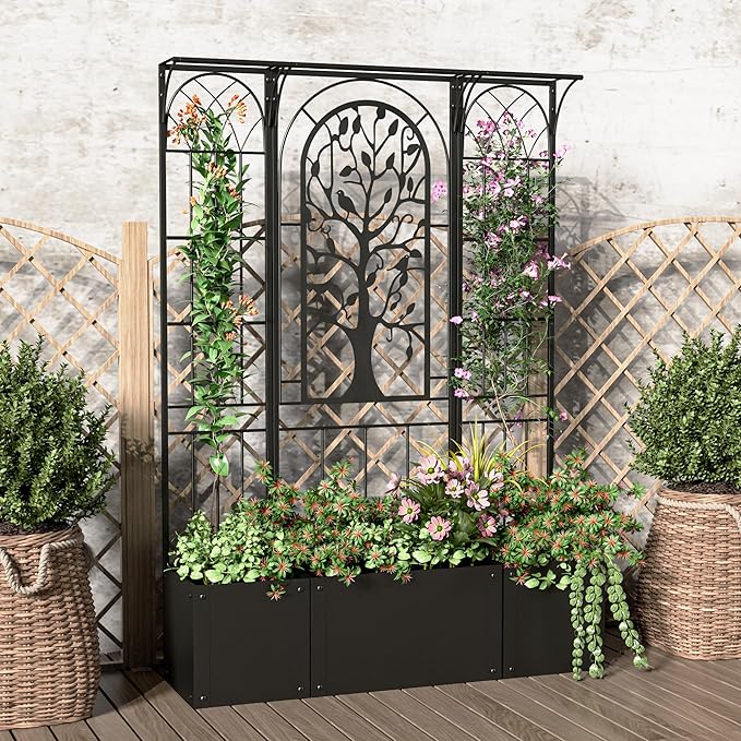 Metal Planter Box with Trellis, Raised Garden Bed with Trellis Privacy Screen, 62 inch Tall Planter Boxes for Climbing Plants, Flowers, Vegetables, Fruits, Balcony and Patio Decor (Black)