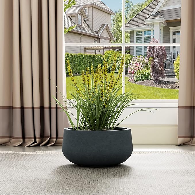 Kante 15.7" Dia Round Concrete Planter, Cement Plant Pots with Drainage Hole and Rubber Plug for Outdoor Indoor Garden Home, Modern Curvaceous Design, Dark Gray