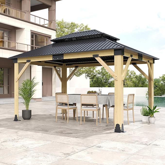 11x13FT Wood Gazebo, Outdoor Wooden Gazebo with Galvanized Steel Double Roof, Hardtop Gazebos for Garden, Patio, Deck, Backyard