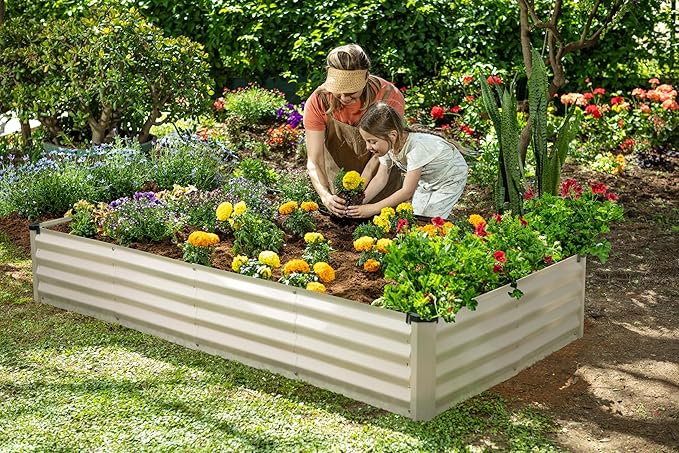 Galvanized Raised Garden Beds Outdoor // 6×3×1 ft Planter Raised Beds for Gardening, Vegetables, Flowers // Large Metal Garden Box (White) // Patented Tool-Free Design