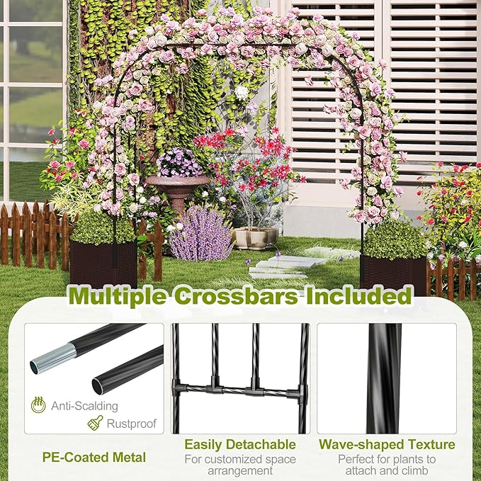 Happygrill 80" Garden Arch Trellis, Metal Archway Pergola with 2 Planter Boxes, Detachable PE-Coated Metal Tubes, Self-Watering System & Lockable Wheels, Outdoor Arbor for Climbing Plants