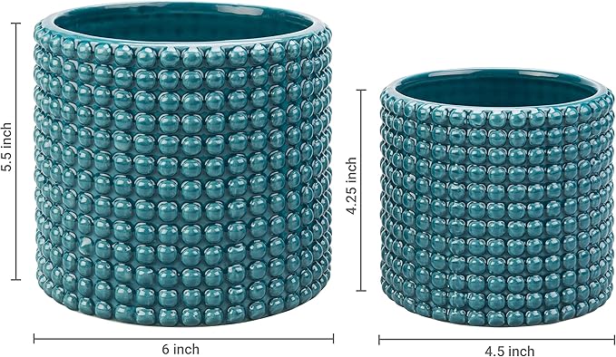 MyGift 6 Inch Ceramic Round Planter Pot, Set of 2 Vintage-Style Turquoise Ceramic Flower Pots, Indoor Hobnail Textured Cylindrical Succulent Plant Containers