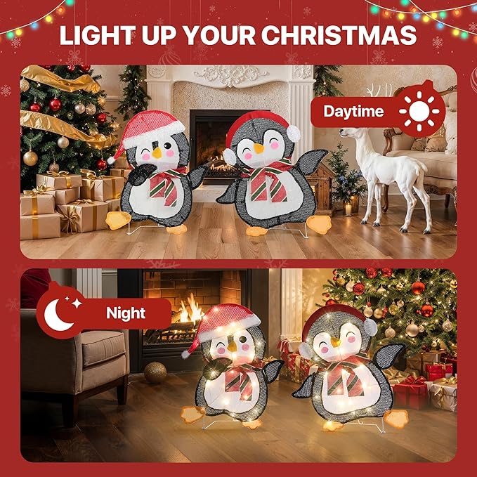 GENIMO 2-Piece 2D Penguin Outdoor Christmas Decorations, 50 Lights Penguin, Pre-Lit Clear Light Up Decor for Holiday Outside Indoor Home Lawn Yard Garden Patio with Scarf Stakes Zip Ties(23.5 in)