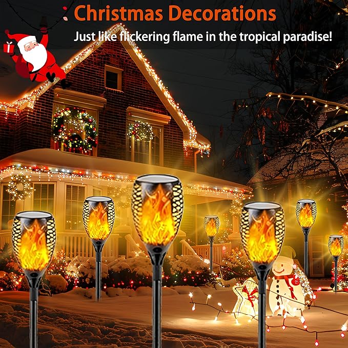 SANJICHA 4 Pack Super Larger Size Solar Flame Torch Extra Bright Tiki Lights Christmas Outdoor Decorative with Flickering Flame, Solar Christmas Outdoor Lights Waterproof Lamps for Outdoor use Garden