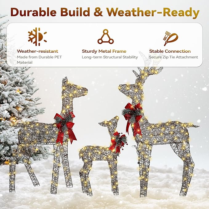 3-Piece Large Pre-Lit Christmas Deer Family Set Outdoor Yard Decorations, 55" Tall Frosted Rattan Deer Lighted Holiday Displays with 350 Warm LEDs, Stakes & Zip Ties for Front Door Garden Lawn