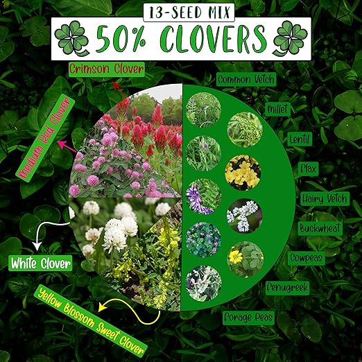 No-Till Cover Crop 13-Seed Mix (½-lb): [50% Clovers Plus Fenugreek, Vetch, Flax, Cowpeas, Buckwheat, Forage Peas, Millet, Lentils, Crimson Clover, Sweet Yellow Clover, White Clover, Medium Red Clover]