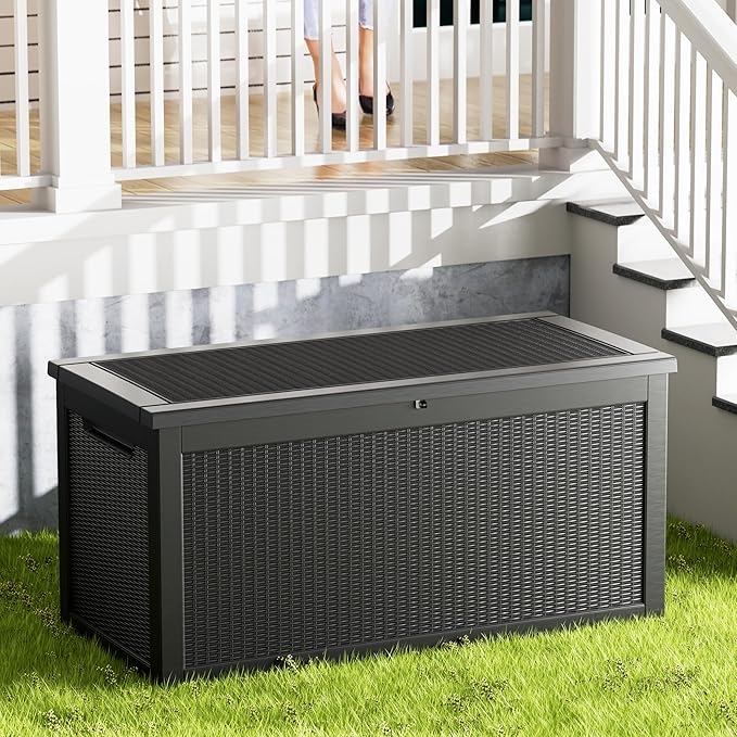 320 Gallon Waterproof Black Deck Box, Lockable Resin Storage Box for Patio Furniture Cushions Garden Tools and Outdoor Delivery Storage