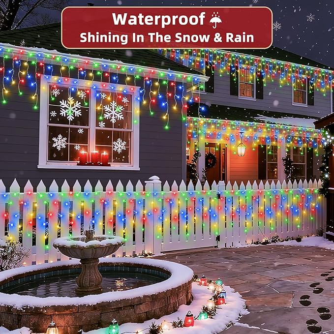 504 LED Christmas Lights Outdoor 50FT with 112 Drops, Christmas Decorations Hanging Lights 12 Modes, Dimmable Outsite Fairy String Lights for Wedding Party Holiday Winter Wonderland Decor Multicolor